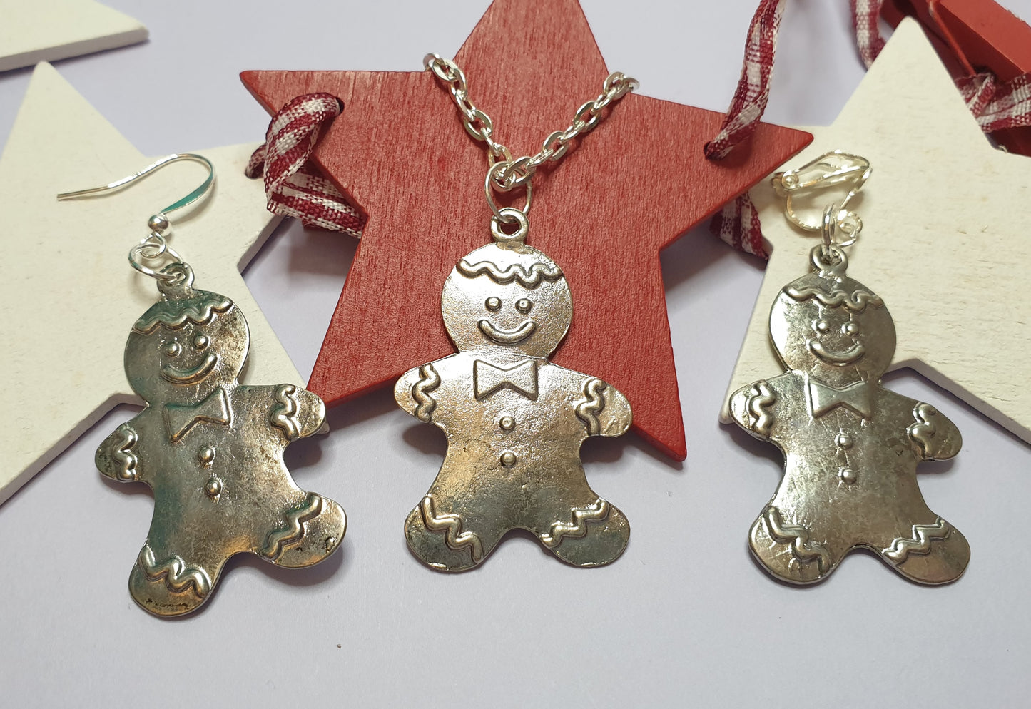 Silver Tone Gingerbread Man Necklace and Earrings. Nickel Free Wires or Clip Ons