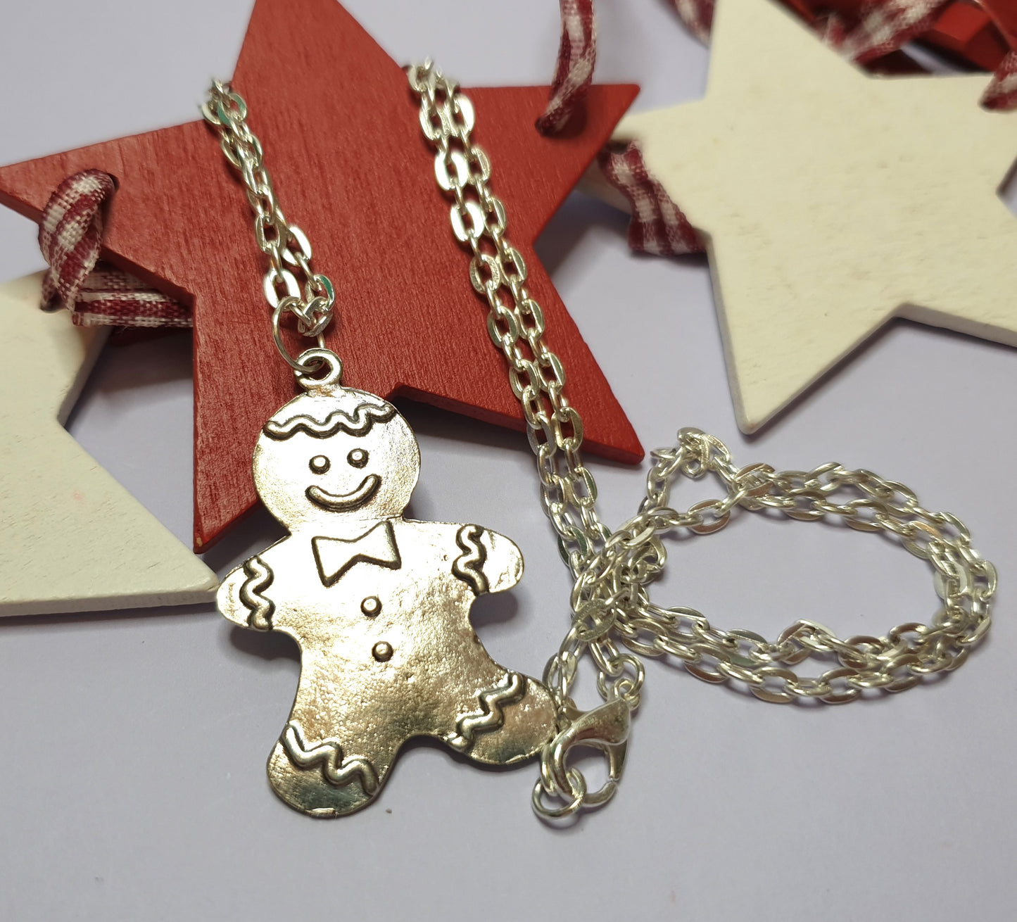 Silver Tone Gingerbread Man Necklace and Earrings. Nickel Free Wires or Clip Ons