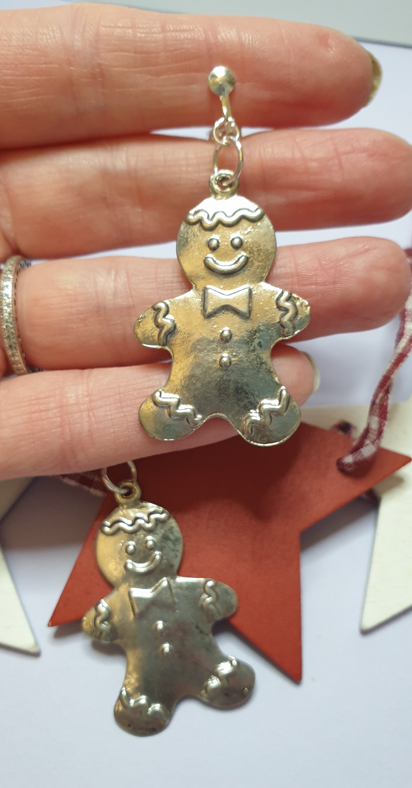 Silver Tone Gingerbread Man Necklace and Earrings. Nickel Free Wires or Clip Ons