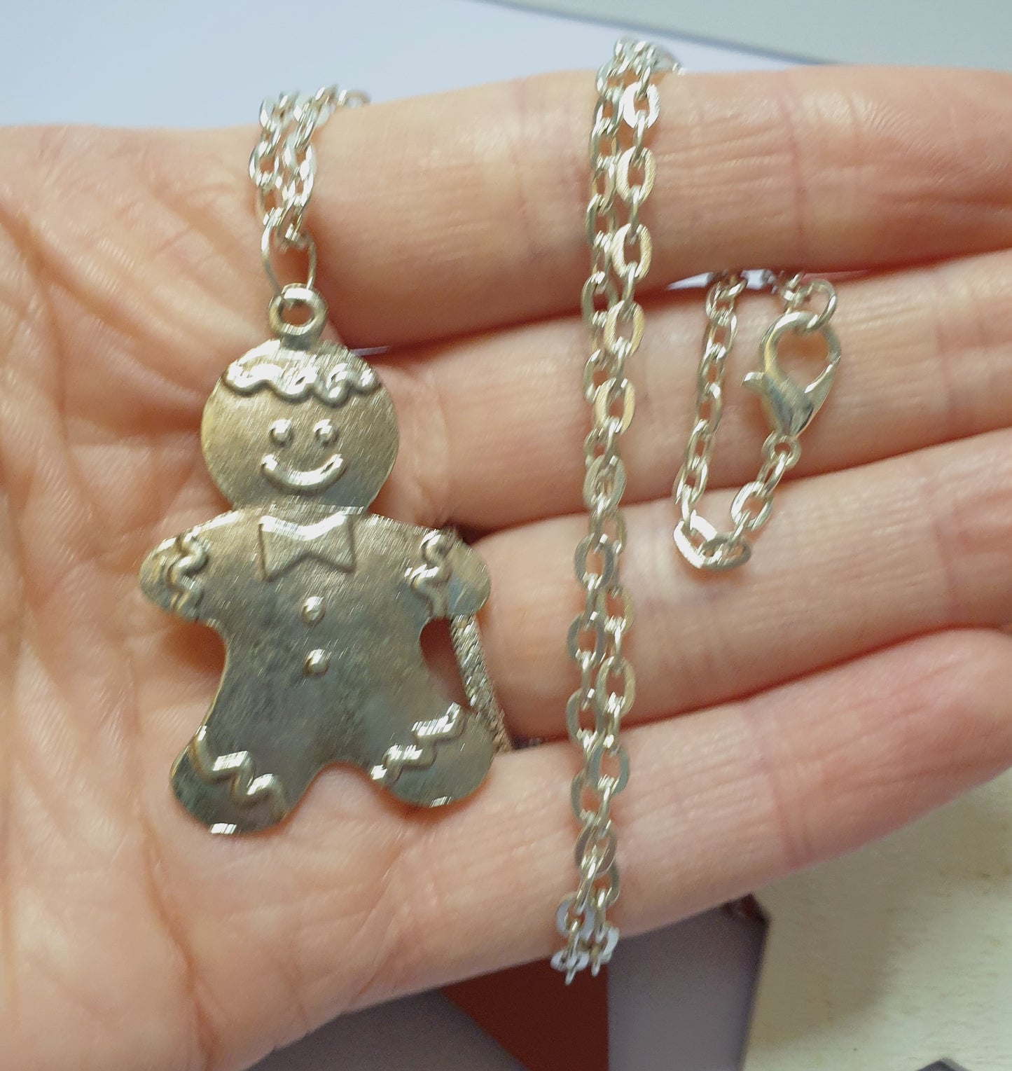 Silver Tone Gingerbread Man Necklace and Earrings. Nickel Free Wires or Clip Ons