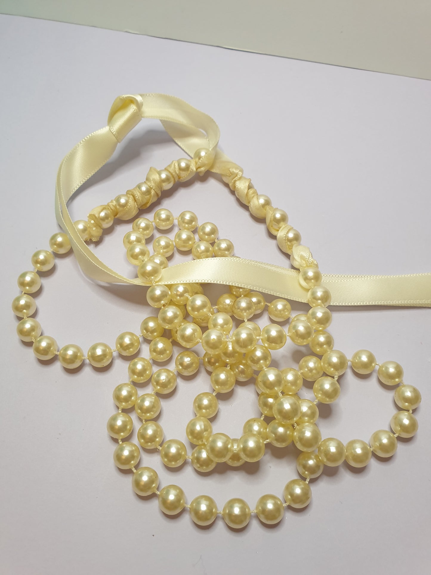 Faux Pearl Necklace with Ribbon Fastening.  Recycled, Upcycled and Unique Jewellery