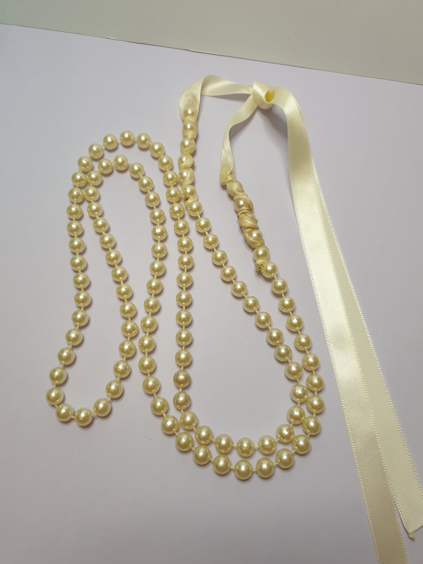 Faux Pearl Necklace with Ribbon Fastening.  Recycled, Upcycled and Unique Jewellery