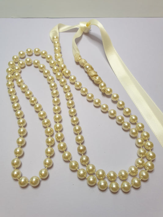 Faux Pearl Necklace with Ribbon Fastening.  Recycled, Upcycled and Unique Jewellery