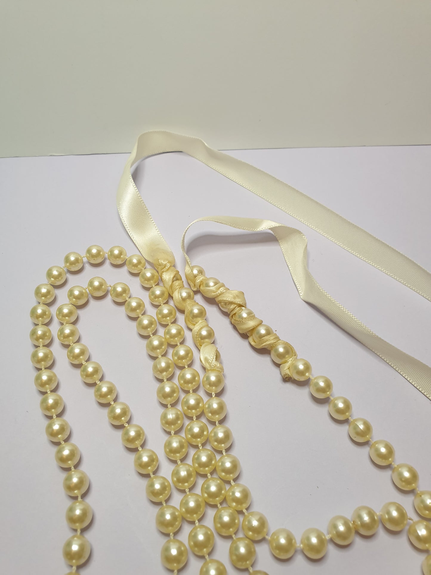 Faux Pearl Necklace with Ribbon Fastening.  Recycled, Upcycled and Unique Jewellery