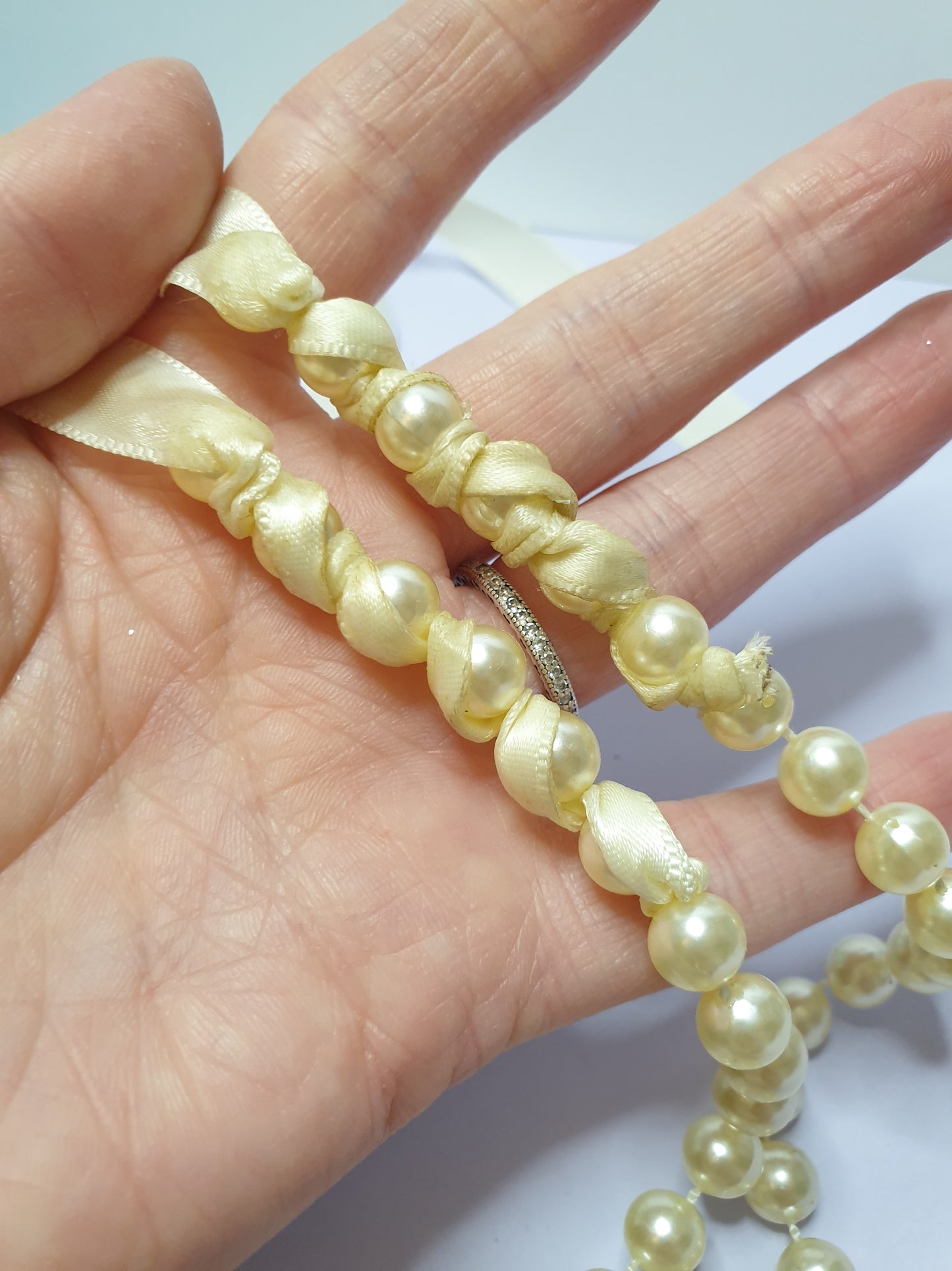 Faux Pearl Necklace with Ribbon Fastening.  Recycled, Upcycled and Unique Jewellery