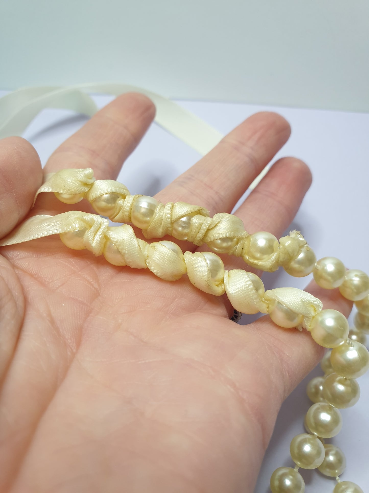 Faux Pearl Necklace with Ribbon Fastening.  Recycled, Upcycled and Unique Jewellery