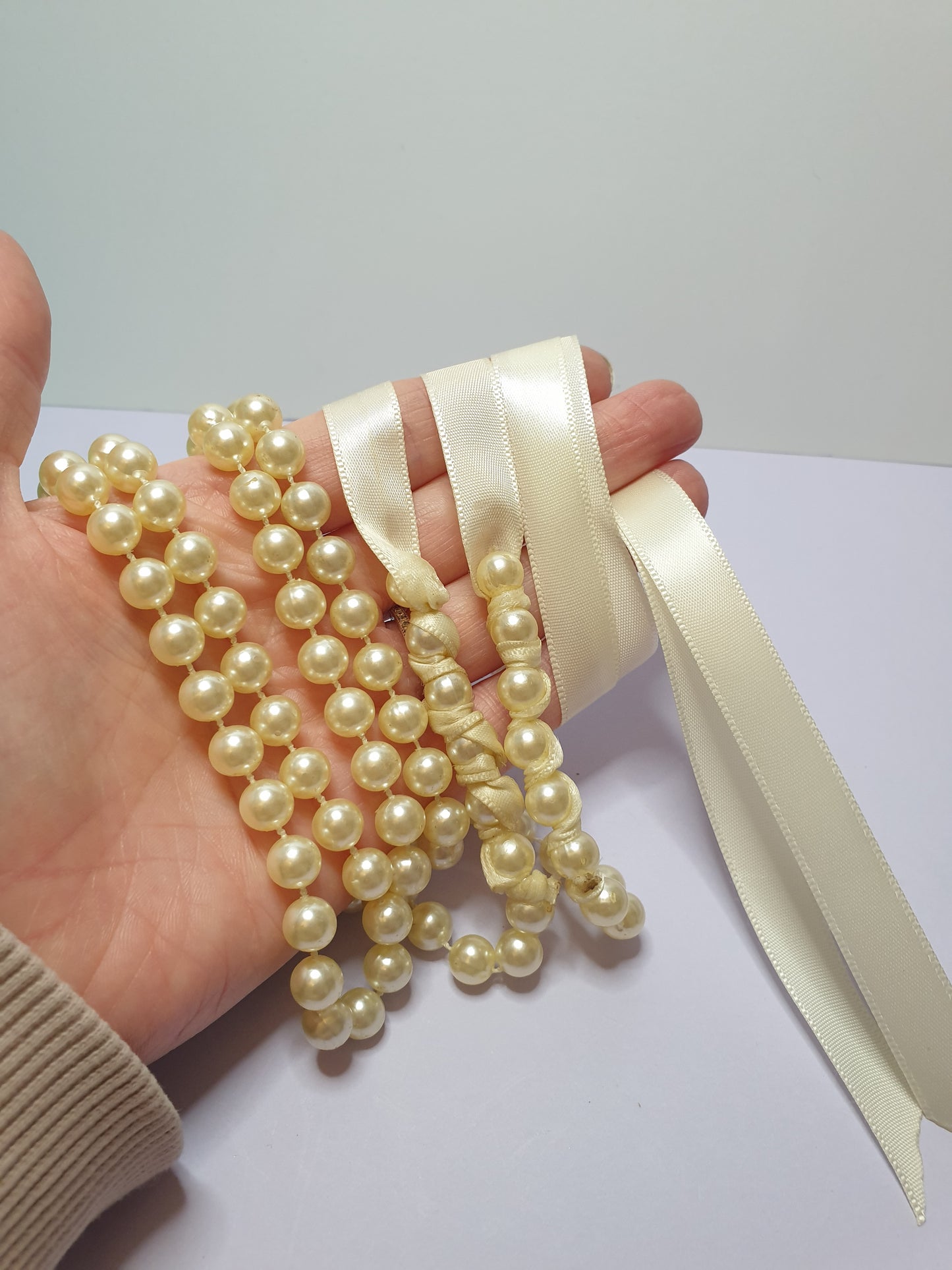 Faux Pearl Necklace with Ribbon Fastening.  Recycled, Upcycled and Unique Jewellery