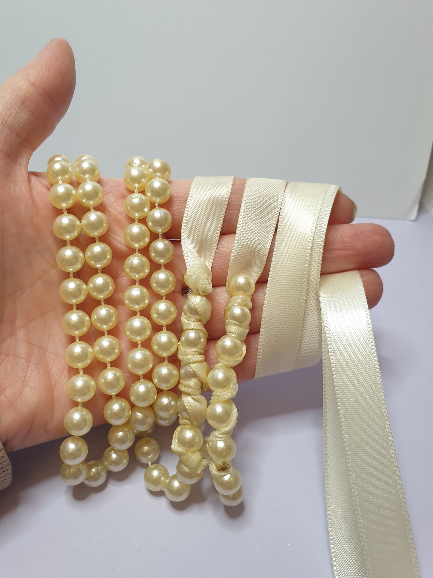 Faux Pearl Necklace with Ribbon Fastening.  Recycled, Upcycled and Unique Jewellery