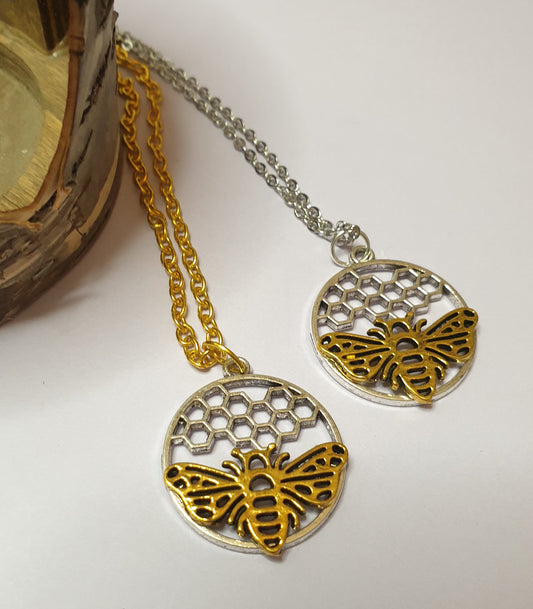 2 Tone Bee and Honeycomb Necklace with Gold or Silver Chain