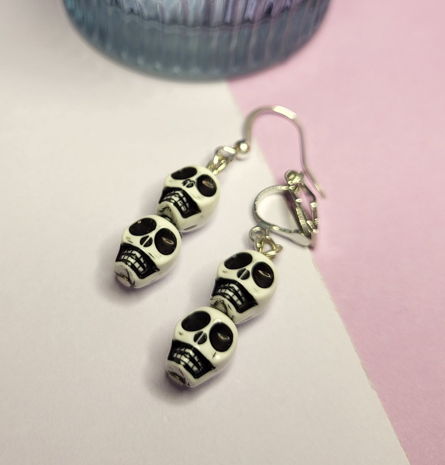 Beaded Skull Earrings. Halloween Earrings. Goth Earrings. Skull Jewellery. Skull Drop Earrings. Nickel Free Earrings. Clip On Earrings