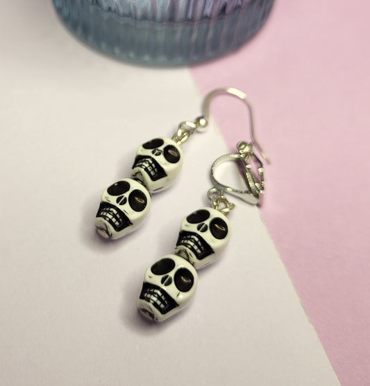 Beaded Skull Earrings. Halloween Earrings. Goth Earrings. Skull Jewellery. Skull Drop Earrings. Nickel Free Earrings. Clip On Earrings