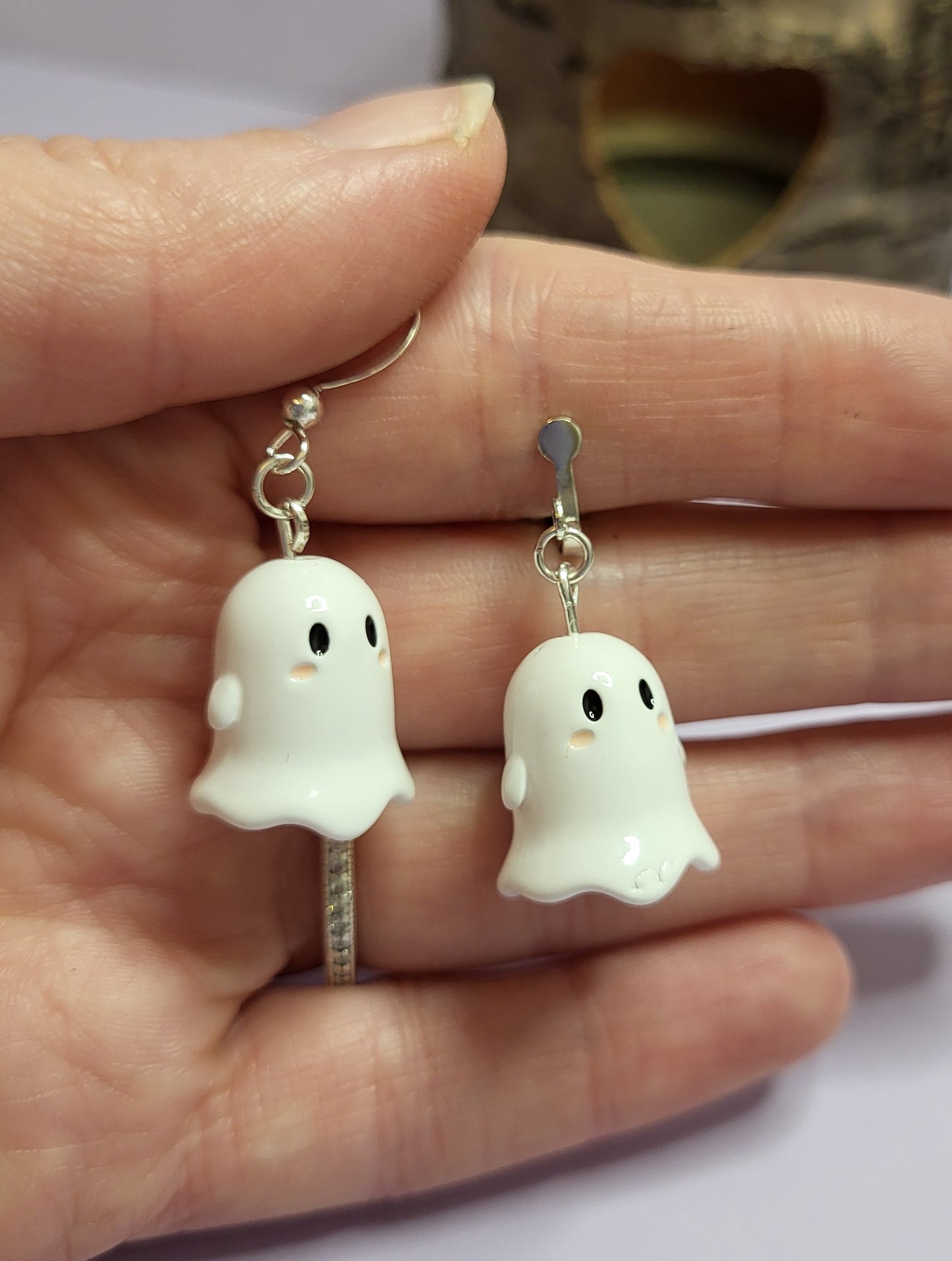 Cute 3D Ghost Earrings.  Halloween Earrings. Nickel Free Wires or Clip On