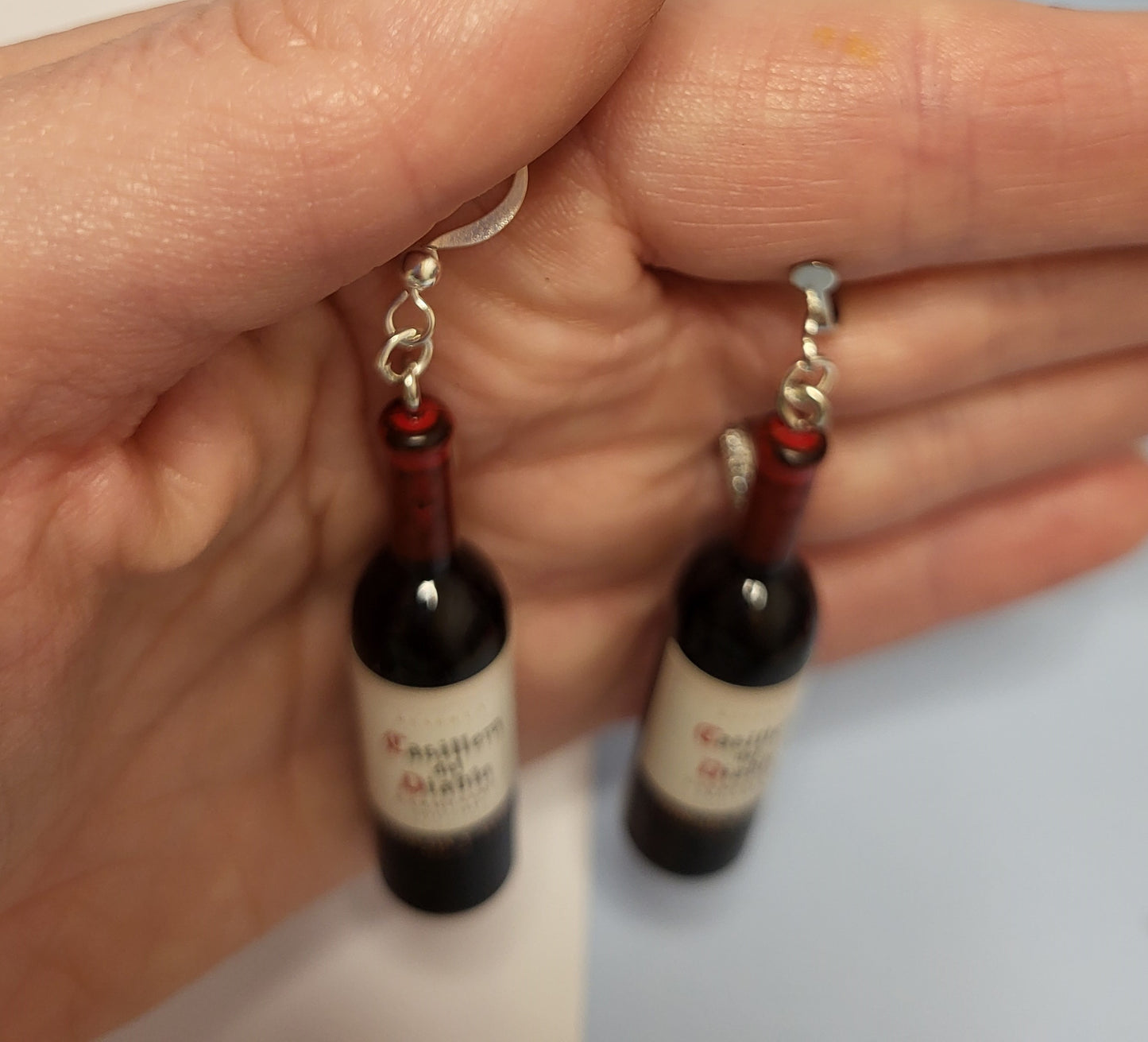 Novelty Red Wine Bottle Earrings. Statement Earrings. Nickel Free Wires or Clip On