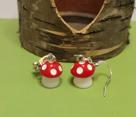 Cute Little Toadstool Earrings.  Autumn Mushroom Earrings. Nickel Free Wires or Clip On