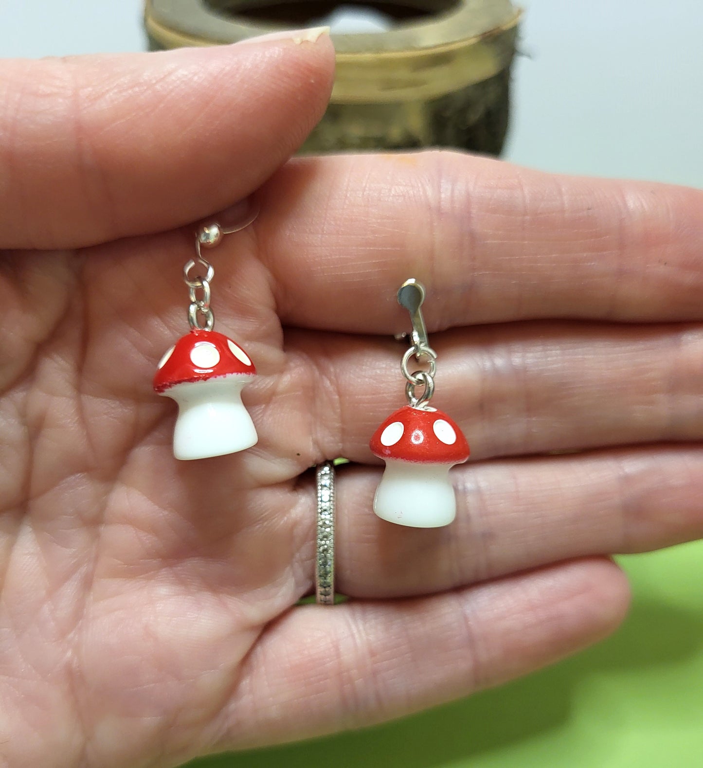 Cute Little Toadstool Earrings.  Autumn Mushroom Earrings. Nickel Free Wires or Clip On