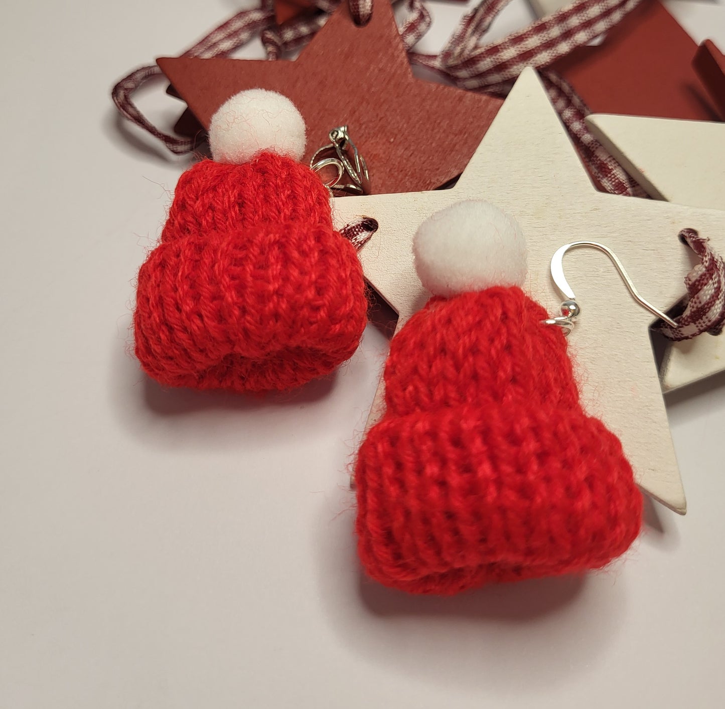 Knitted Bobble Hat Earrings. Santa Hat Earrings. Statement Christmas Jewellery. Nickel Free Wires or Clip On