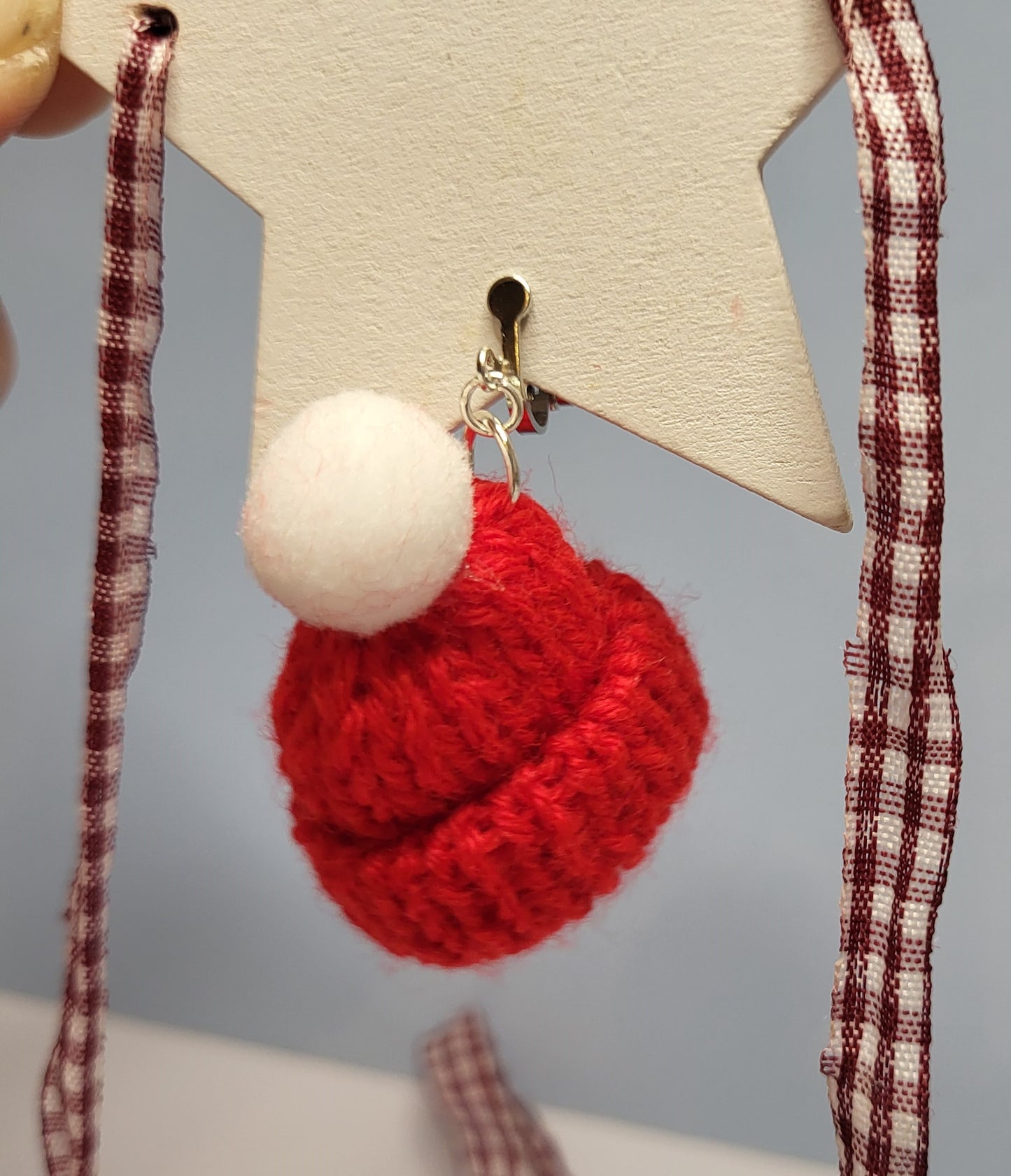 Knitted Bobble Hat Earrings. Santa Hat Earrings. Statement Christmas Jewellery. Nickel Free Wires or Clip On