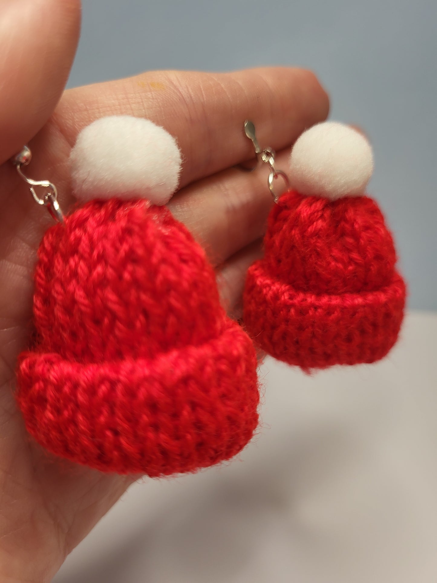 Knitted Bobble Hat Earrings. Santa Hat Earrings. Statement Christmas Jewellery. Nickel Free Wires or Clip On