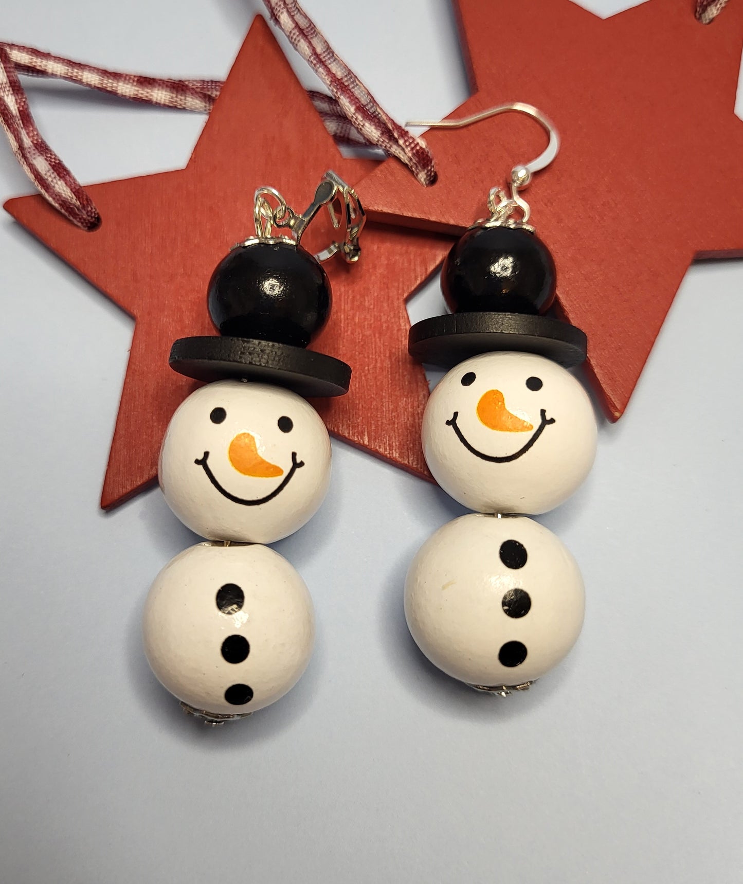 Wooden Beaded Snowman Earrings. Christmas Jewellery. Nickel Free Wires or Clip On