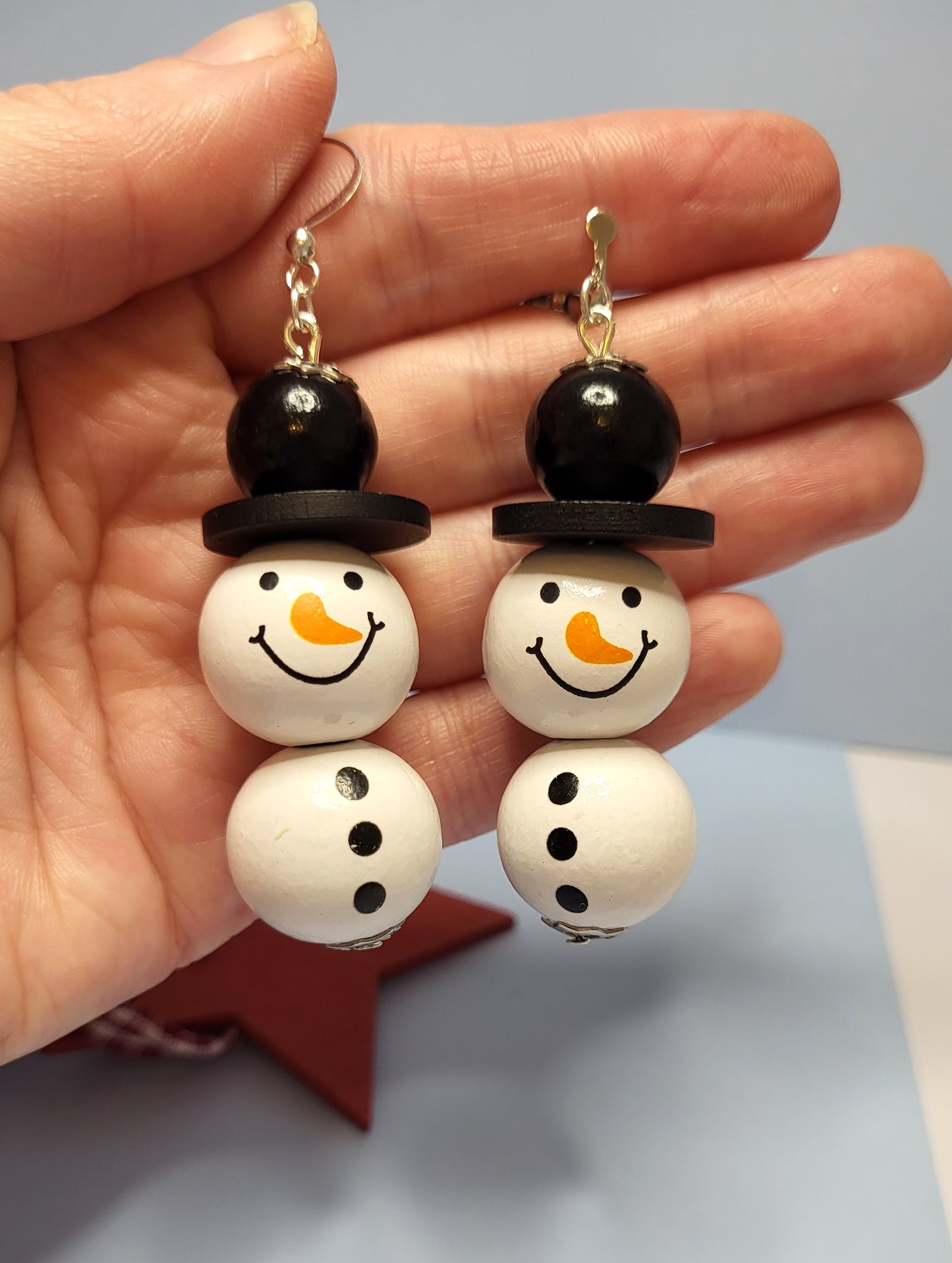 Wooden Beaded Snowman Earrings. Christmas Jewellery. Nickel Free Wires or Clip On