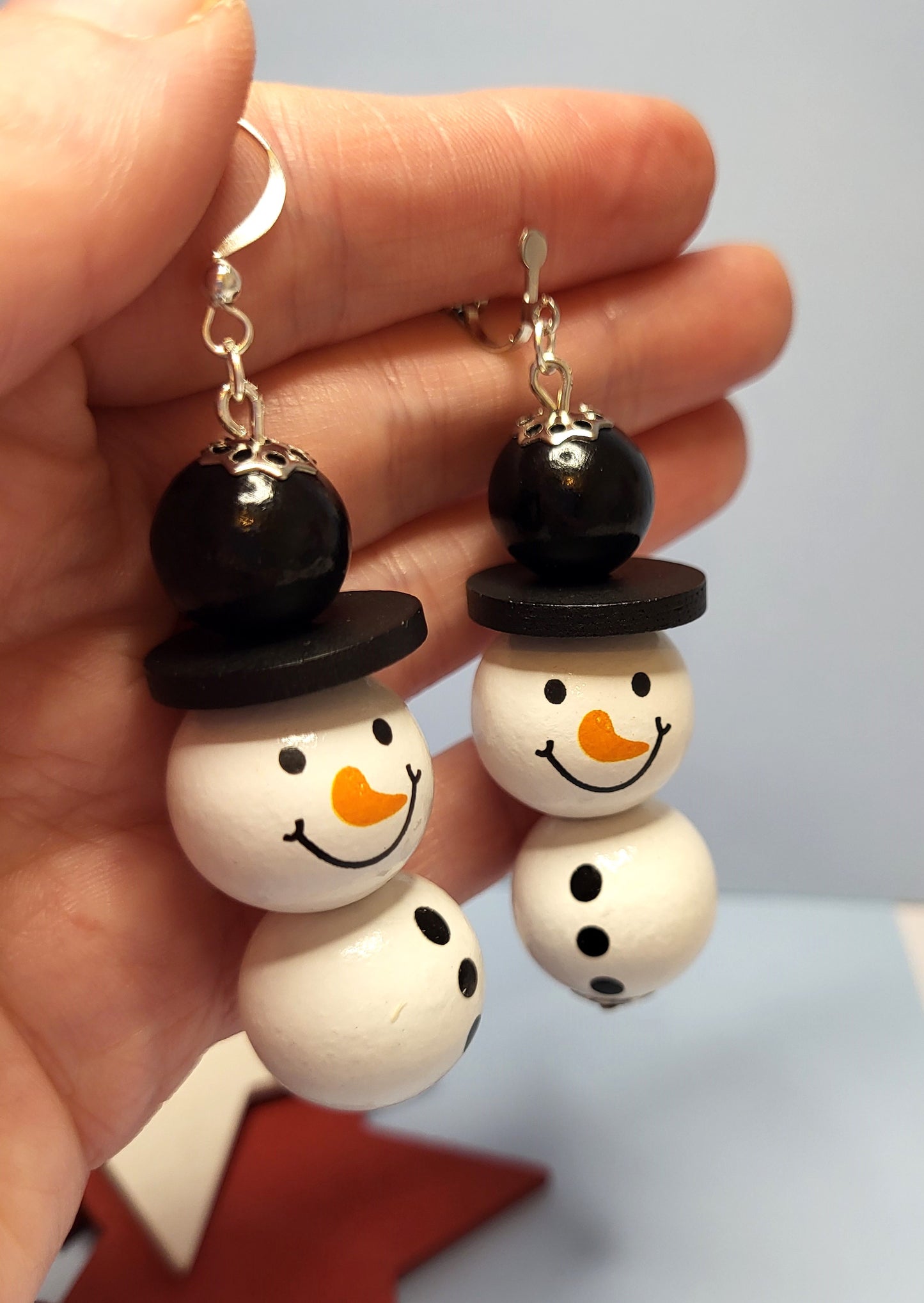 Wooden Beaded Snowman Earrings. Christmas Jewellery. Nickel Free Wires or Clip On