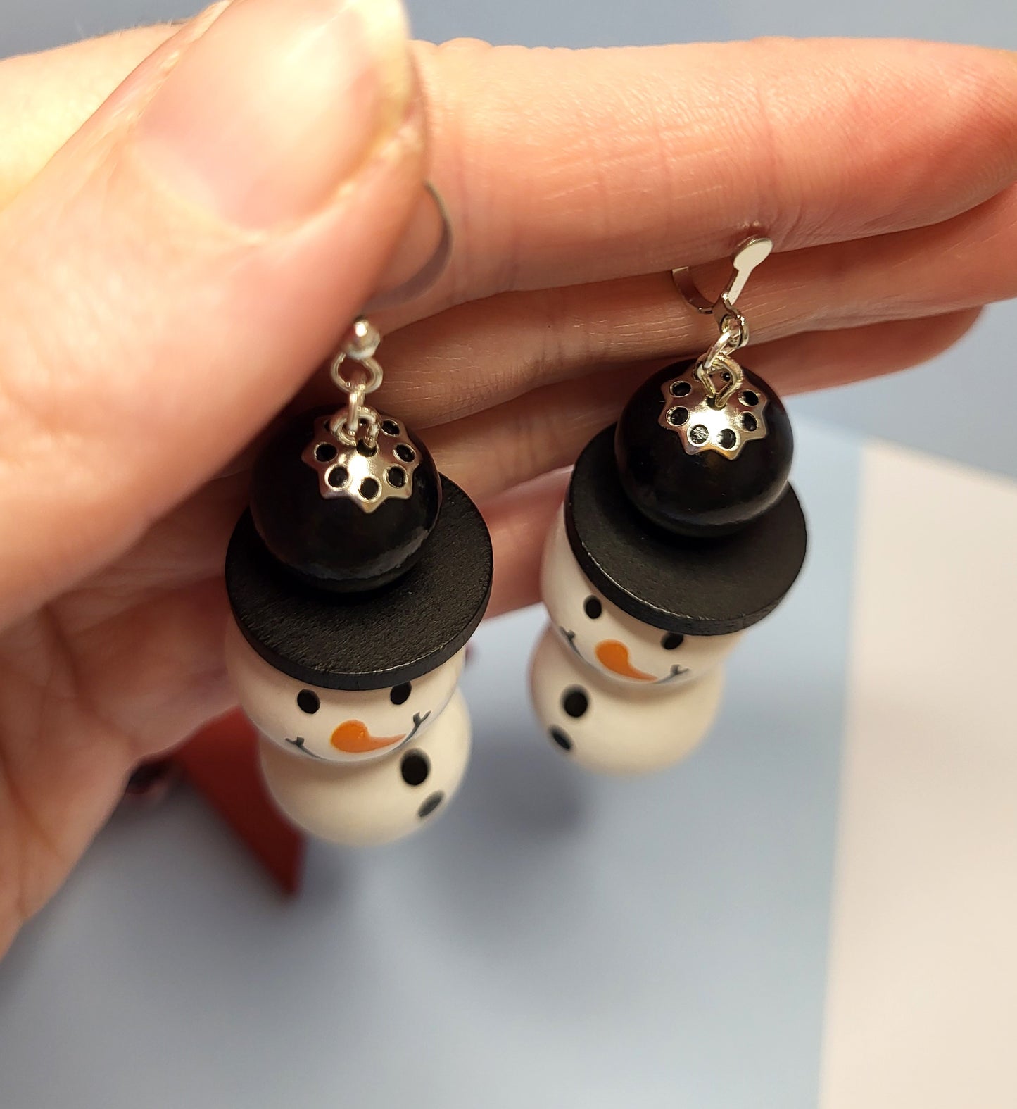 Wooden Beaded Snowman Earrings. Christmas Jewellery. Nickel Free Wires or Clip On