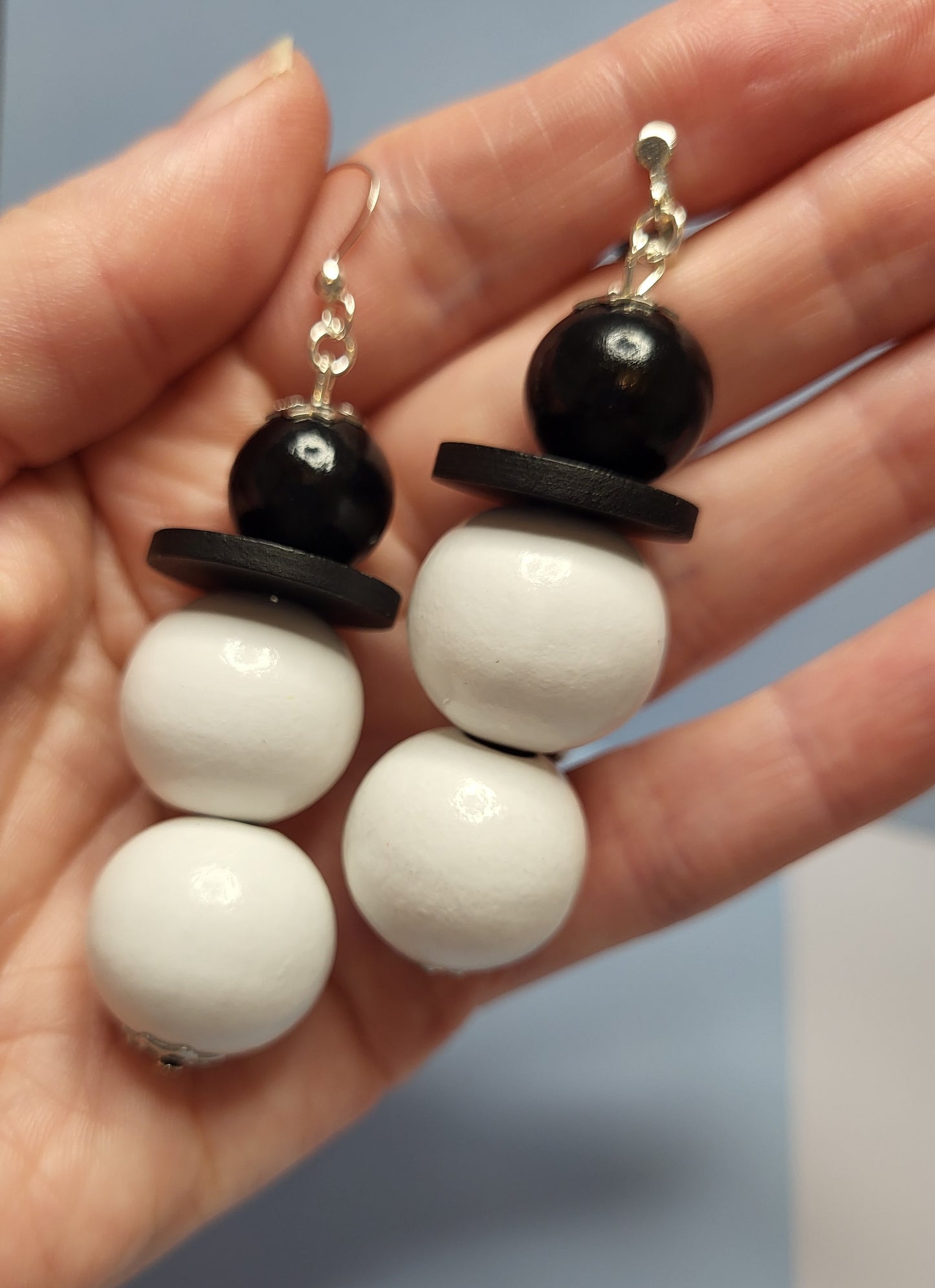 Wooden Beaded Snowman Earrings. Christmas Jewellery. Nickel Free Wires or Clip On