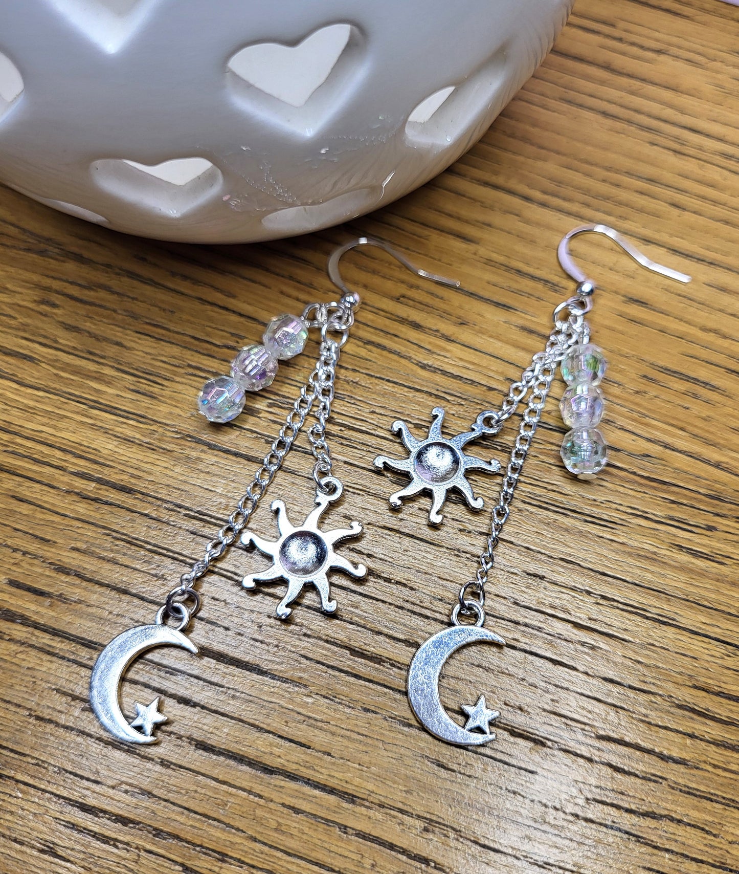 Silver Tone Sun and Moon Multistrand Earrings. One of a Kind. Nickel Free Wires or Clip On