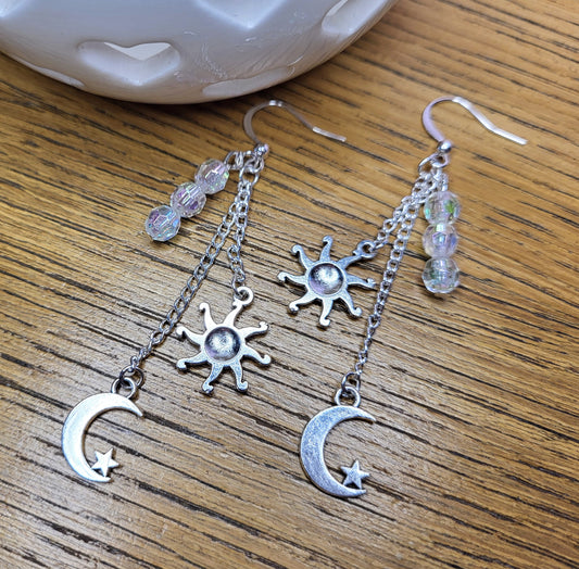 Silver Tone Sun and Moon Multistrand Earrings. One of a Kind. Nickel Free Wires or Clip On