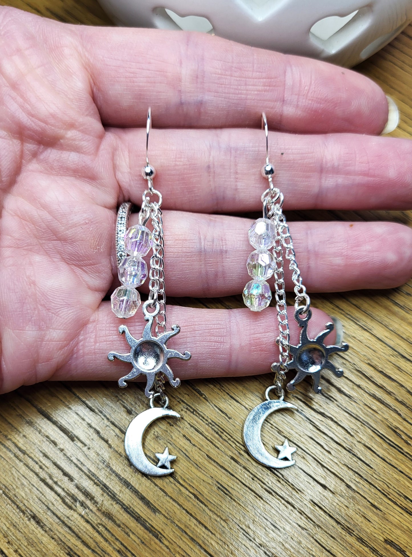 Silver Tone Sun and Moon Multistrand Earrings. One of a Kind. Nickel Free Wires or Clip On