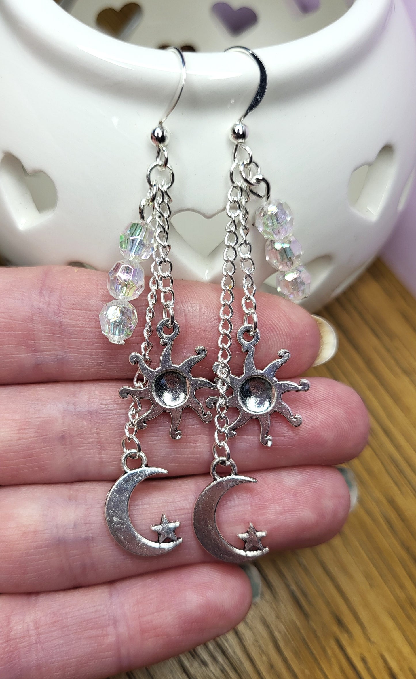 Silver Tone Sun and Moon Multistrand Earrings. One of a Kind. Nickel Free Wires or Clip On