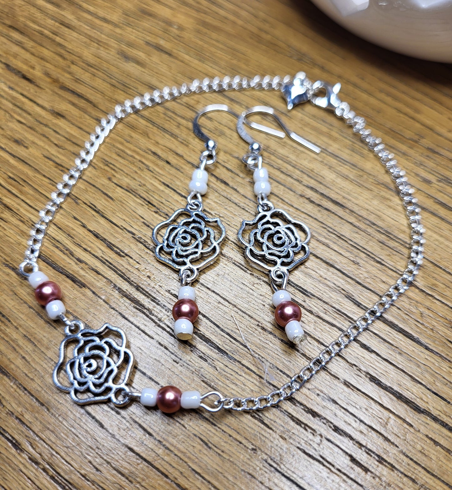 Silver Tone Rose Earrings and Bracelet Set with Bead Detail. Nickel Free Wires or Clip On. One of a Kind