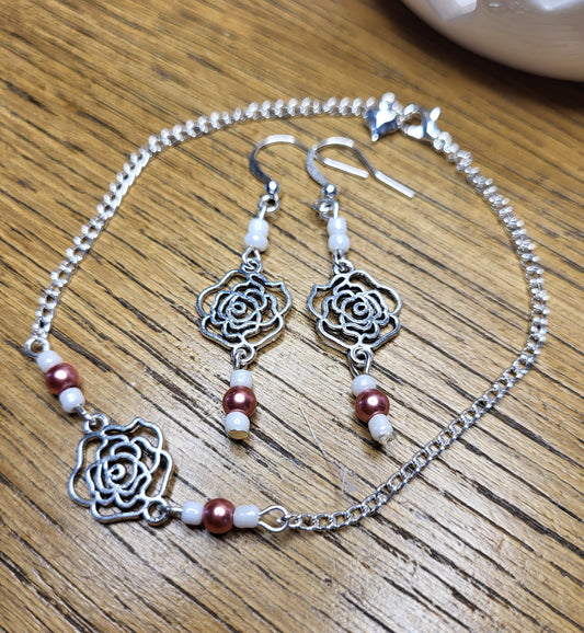 Silver Tone Rose Earrings and Bracelet Set with Bead Detail. Nickel Free Wires or Clip On. One of a Kind