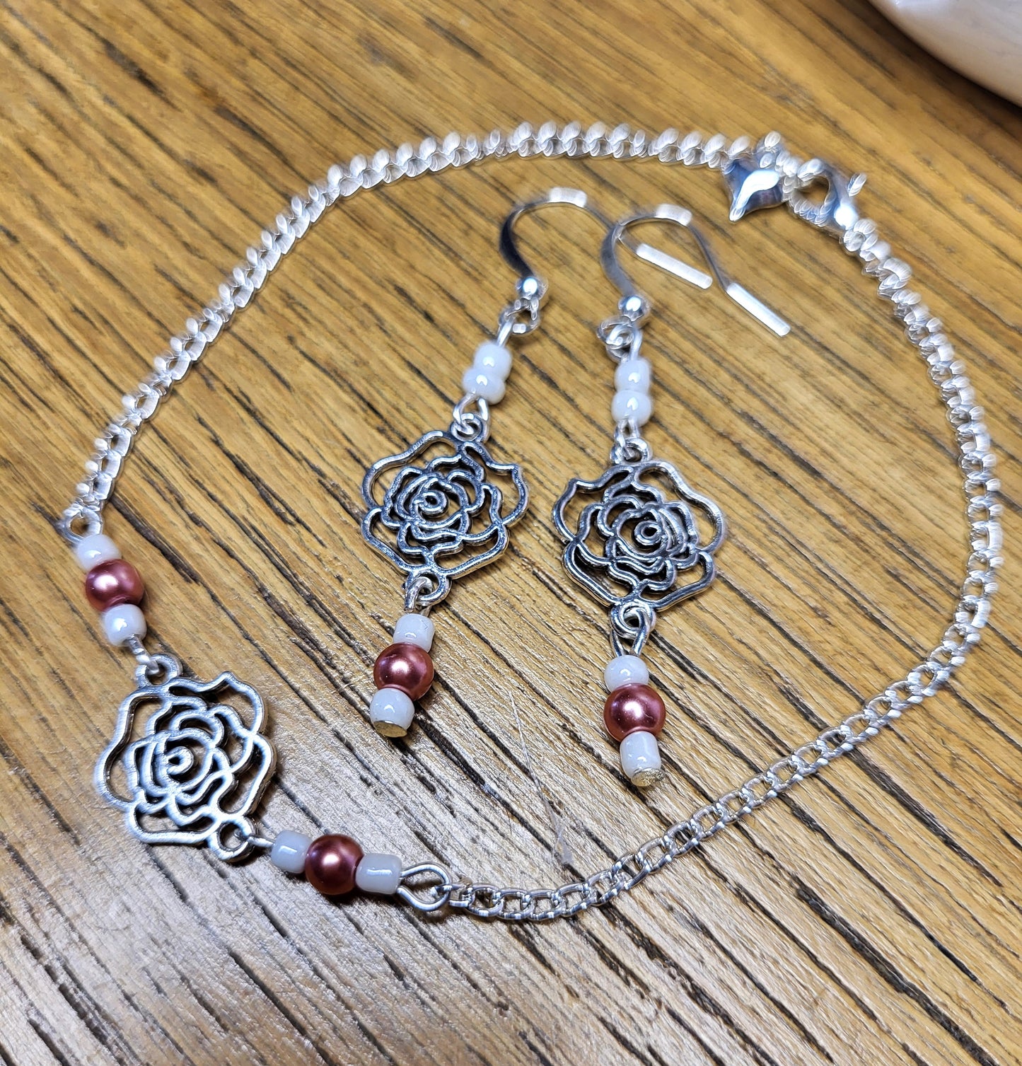 Silver Tone Rose Earrings and Bracelet Set with Bead Detail. Nickel Free Wires or Clip On. One of a Kind