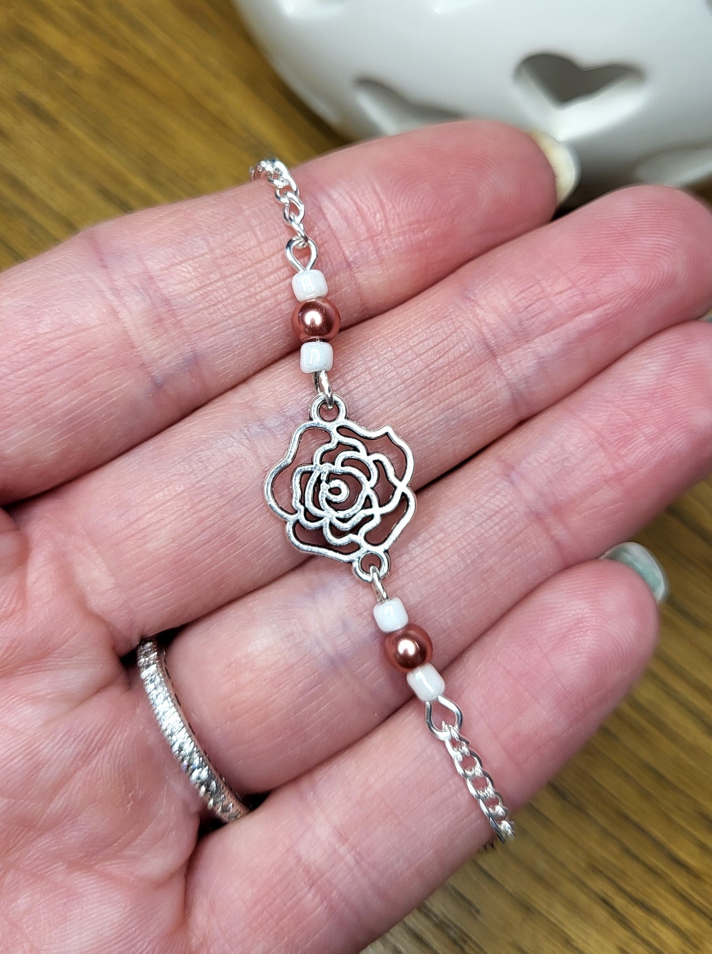 Silver Tone Rose Earrings and Bracelet Set with Bead Detail. Nickel Free Wires or Clip On. One of a Kind