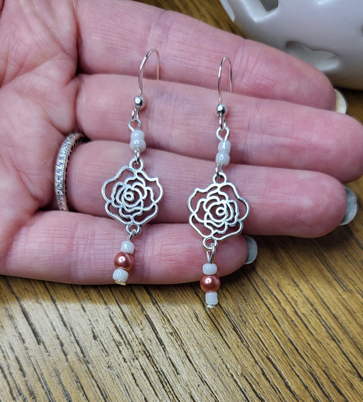 Silver Tone Rose Earrings and Bracelet Set with Bead Detail. Nickel Free Wires or Clip On. One of a Kind