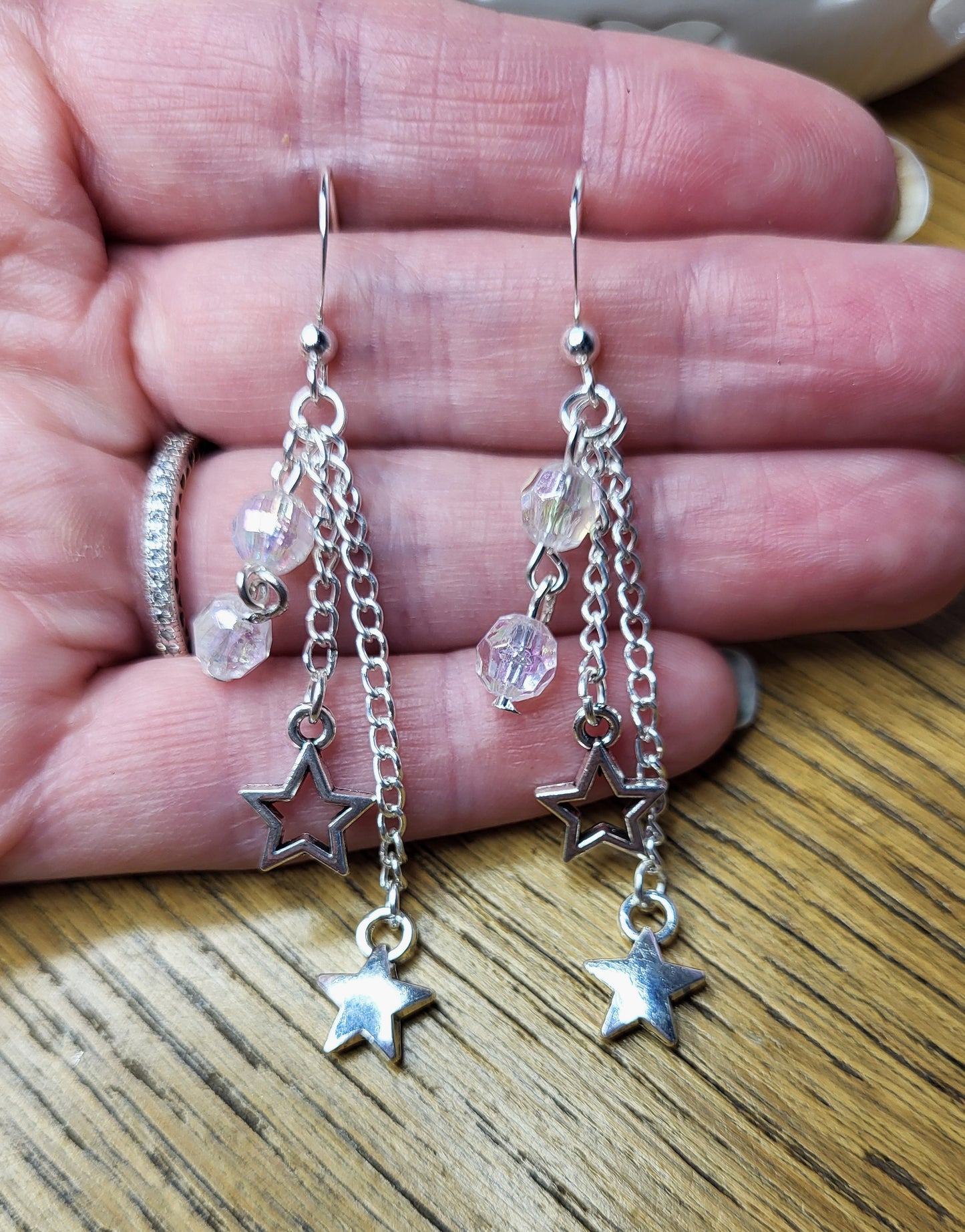 Silver Tone Star Earrings and Necklace Set. One of a Kind. Nickel Free Wires or Clip On