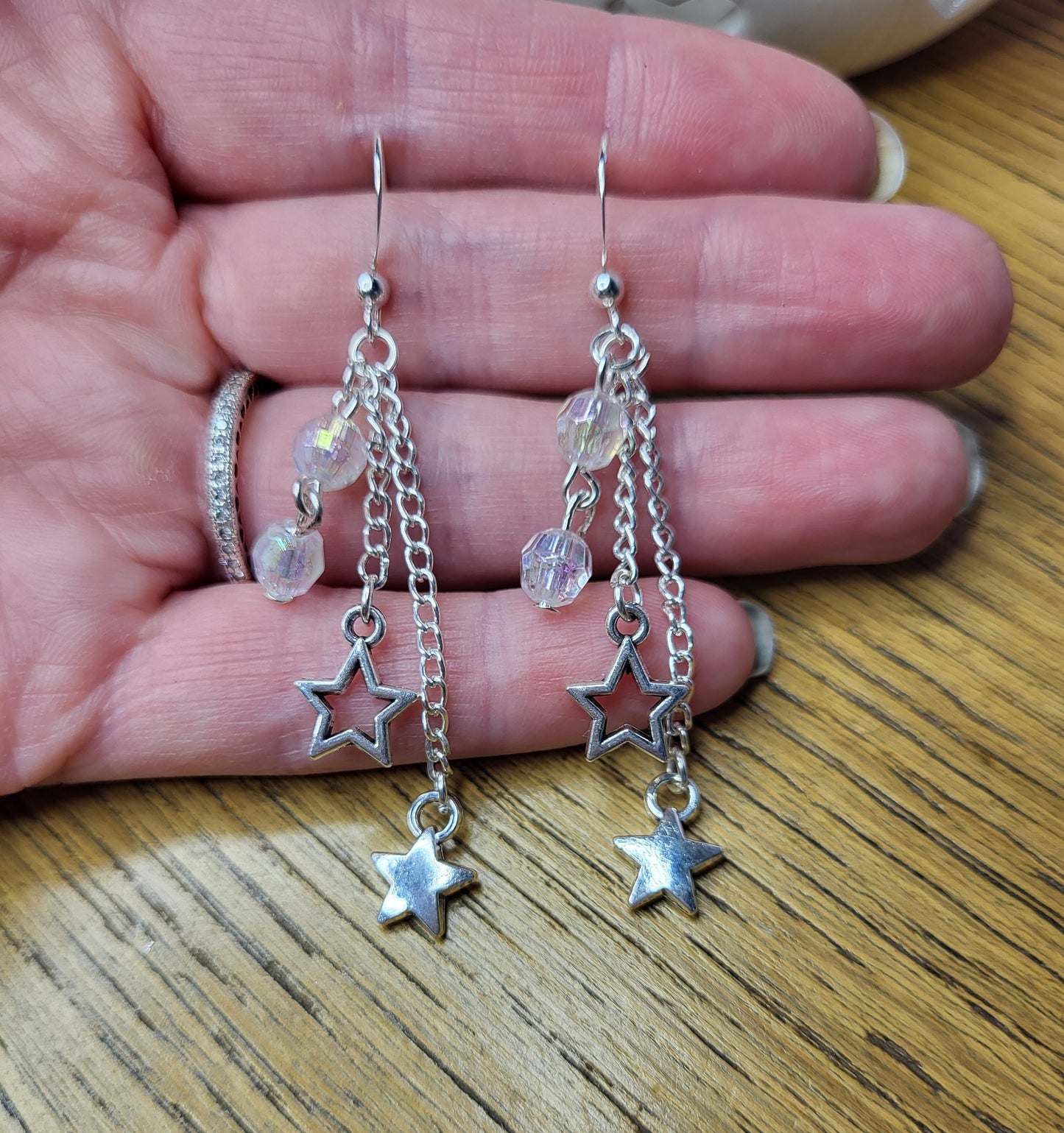 Silver Tone Star Earrings and Necklace Set. One of a Kind. Nickel Free Wires or Clip On