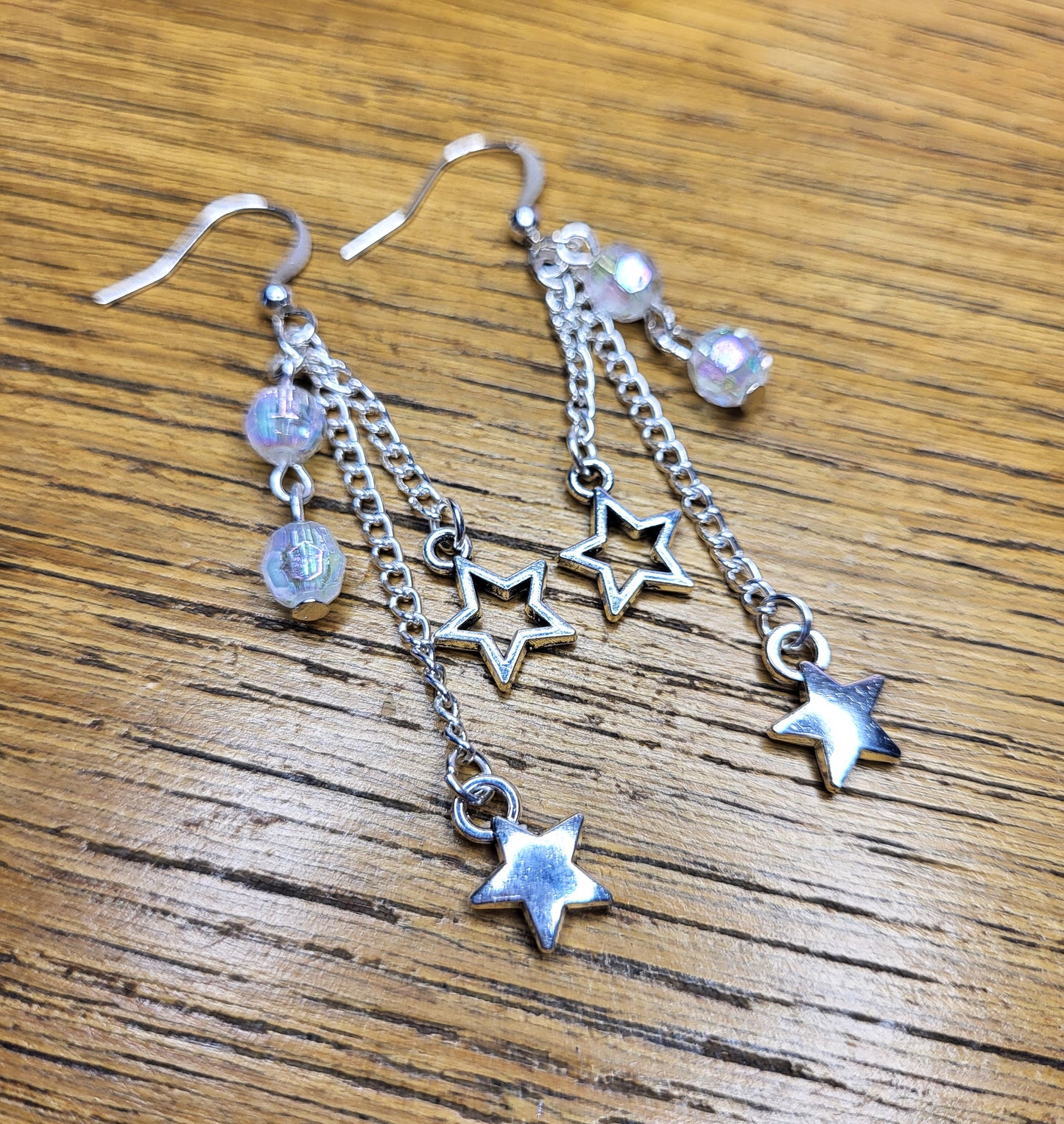 Silver Tone Star Earrings and Necklace Set. One of a Kind. Nickel Free Wires or Clip On