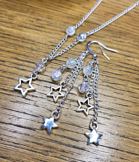 Silver Tone Star Earrings and Necklace Set. One of a Kind. Nickel Free Wires or Clip On