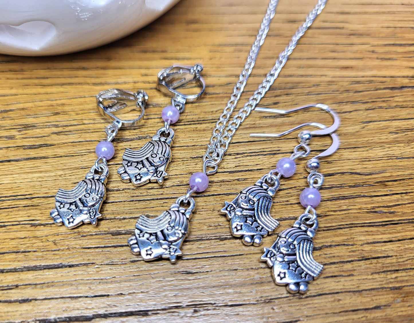 Fairy Silver Tone Necklace and Earrings Set. Limited Edition. Childrens Jewellery. Nickel Free Wires or Clip On