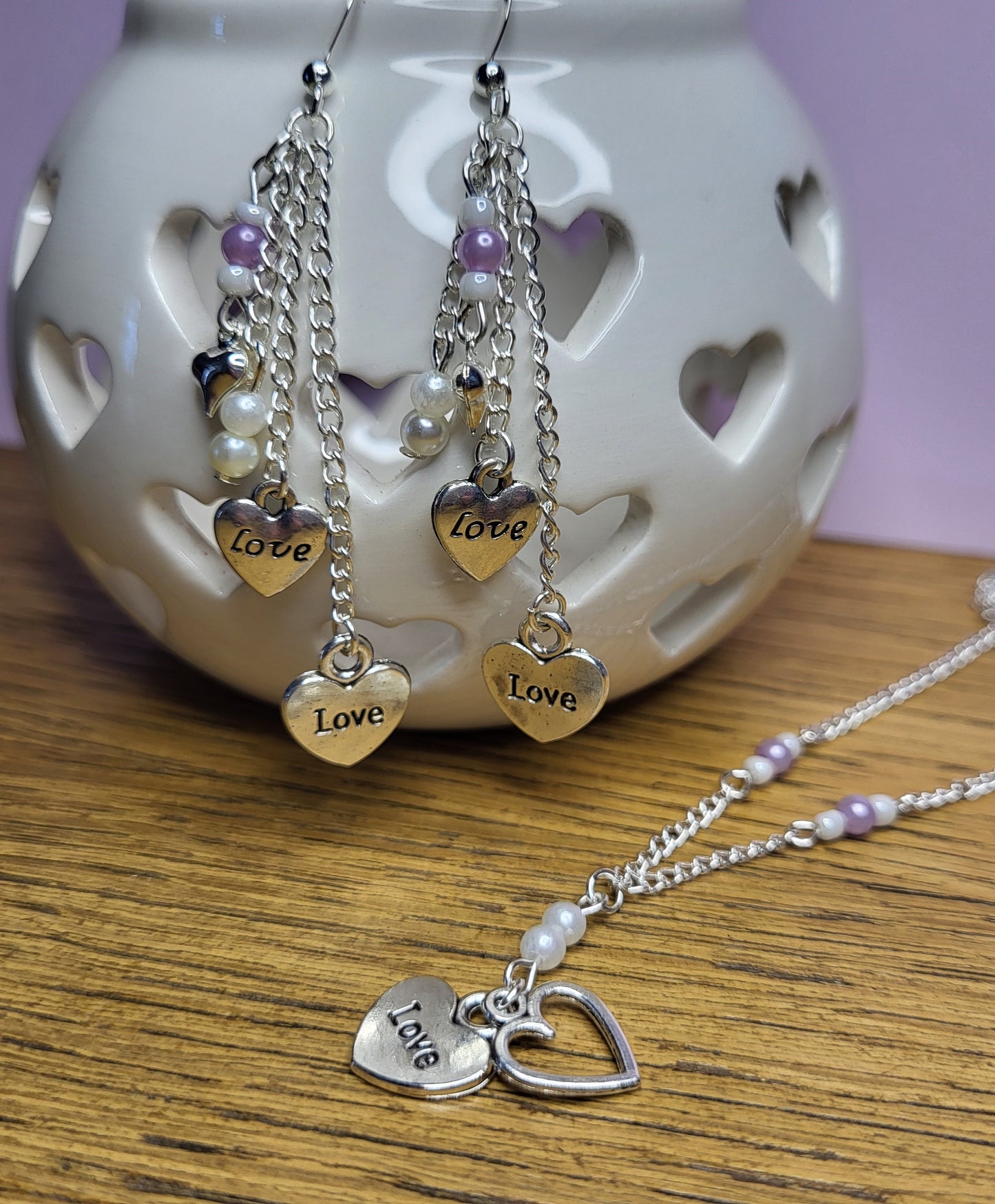 Love Heart Silver Tone Necklace and Earring Set. Nickel Free Wires or Clip On. One of a Kind