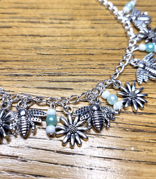 Bee and Flower Silver Tone Charm Bracelet with Bead Detail. One of a Kind