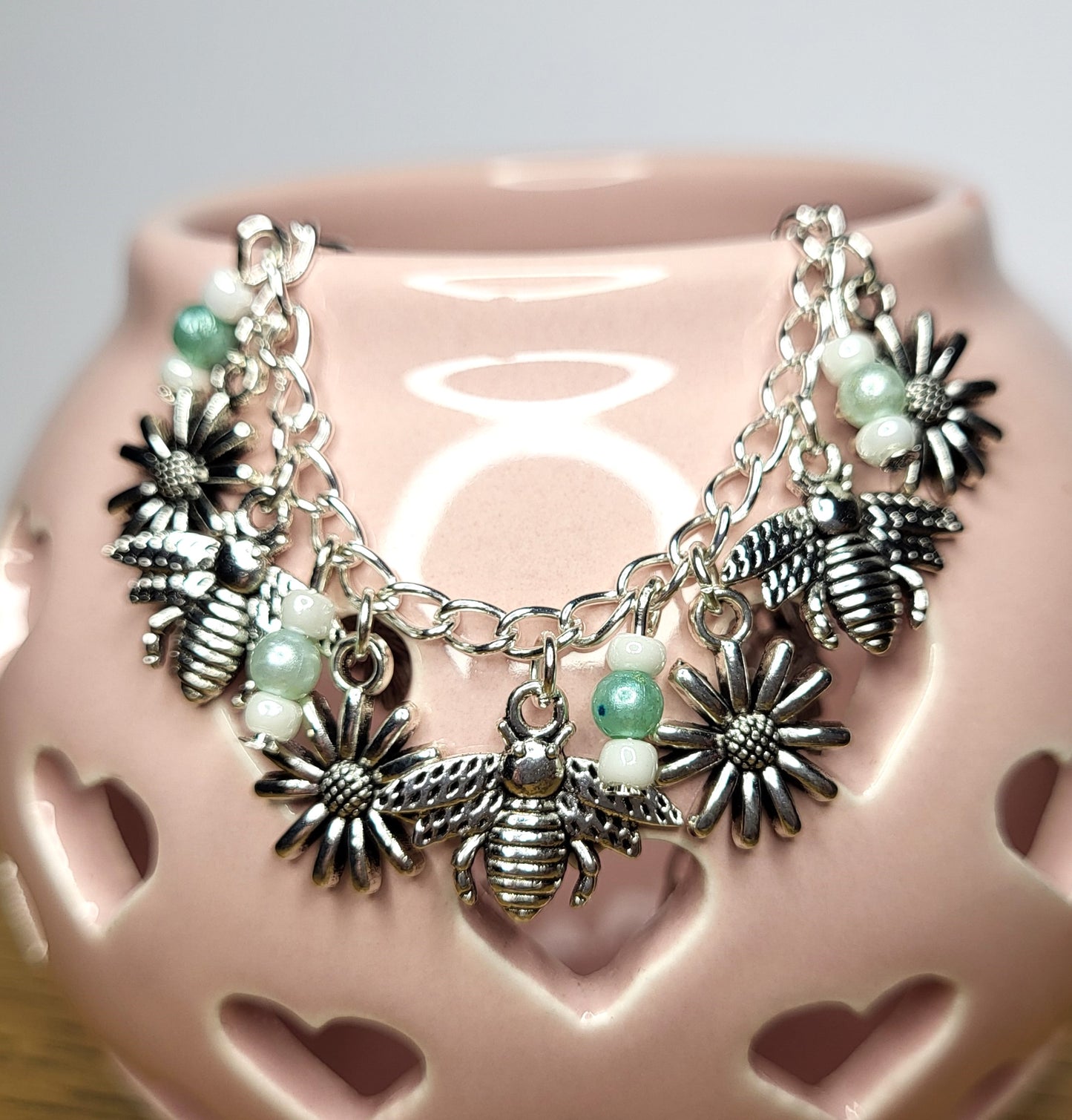 Bee and Flower Silver Tone Charm Bracelet with Bead Detail. One of a Kind