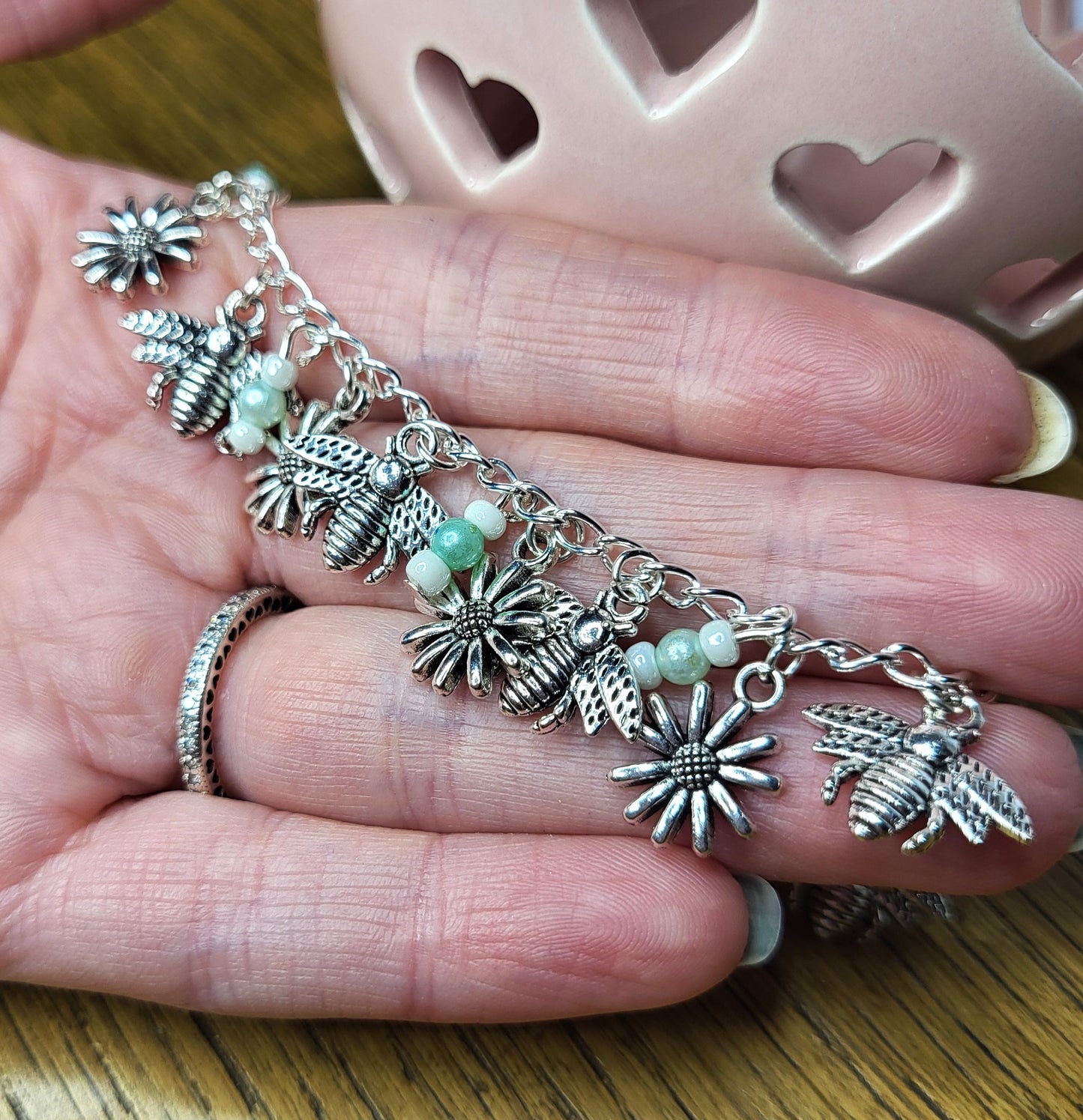 Bee and Flower Silver Tone Charm Bracelet with Bead Detail. One of a Kind