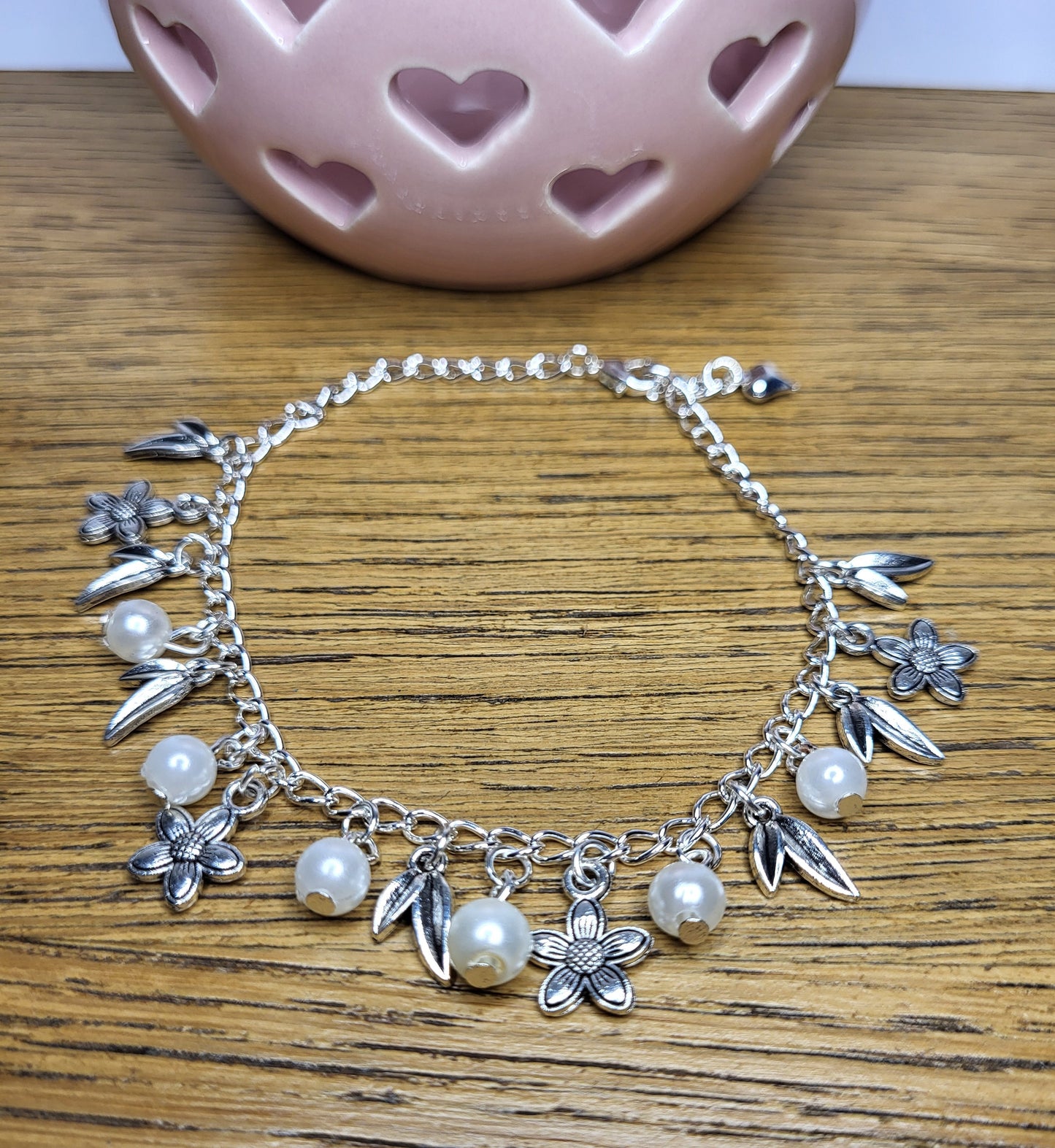 Floral Silver Tone Charm Bracelet with Faux Pearl Detail. One of a Kind. Flowers