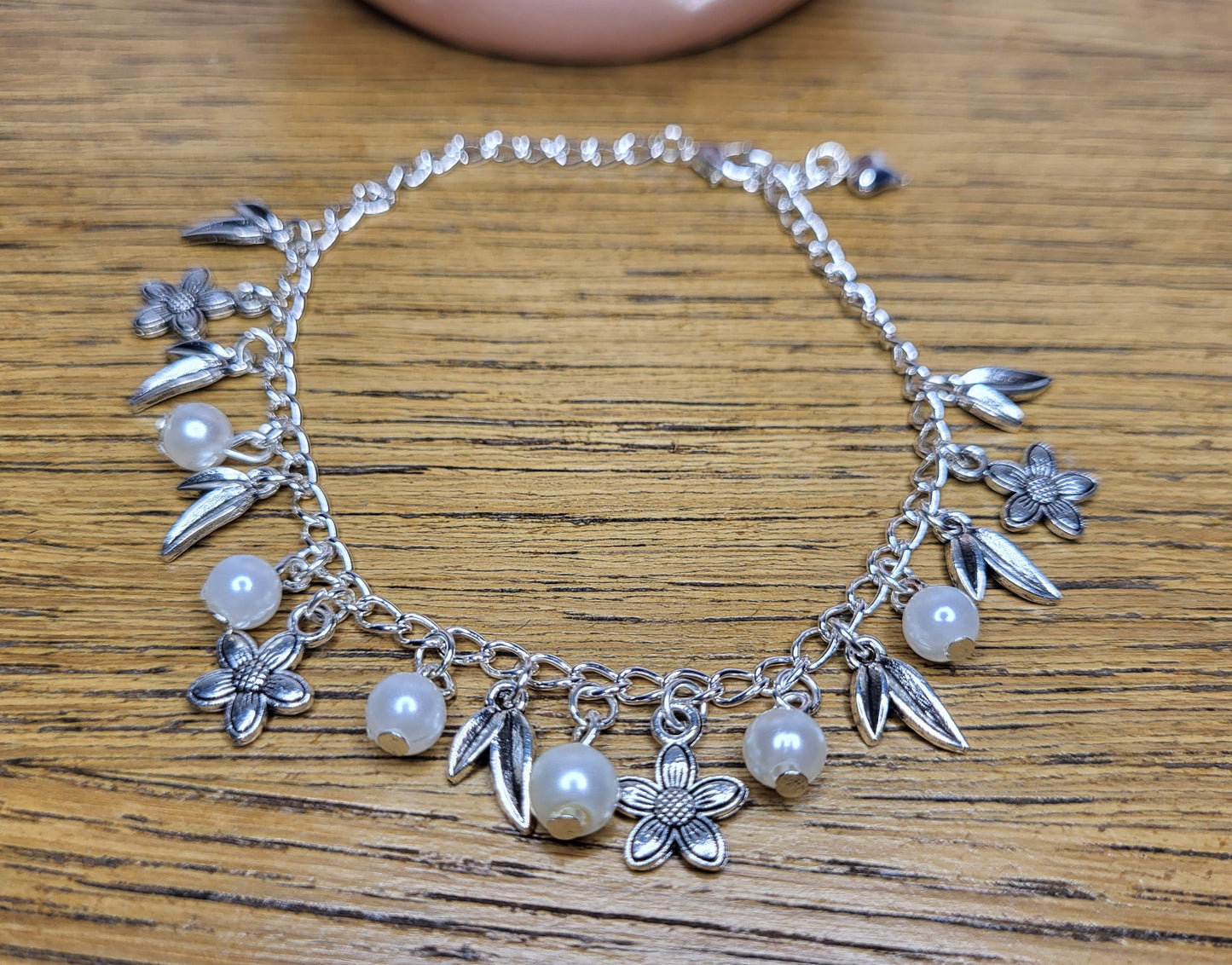 Floral Silver Tone Charm Bracelet with Faux Pearl Detail. One of a Kind. Flowers