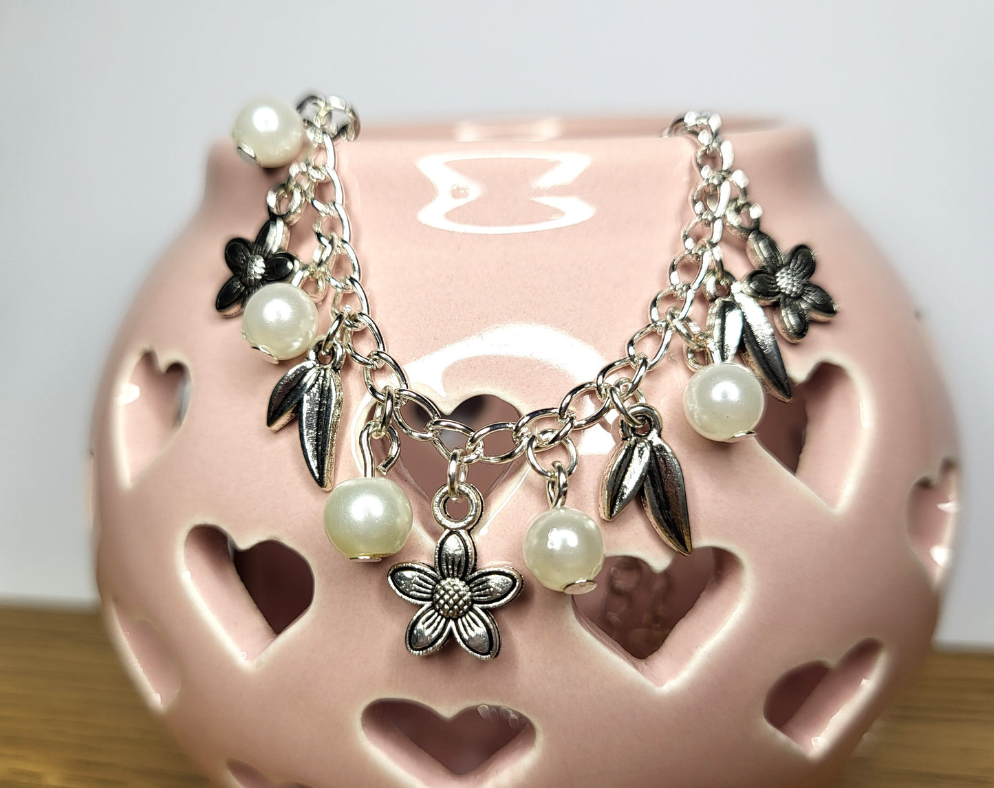 Floral Silver Tone Charm Bracelet with Faux Pearl Detail. One of a Kind. Flowers