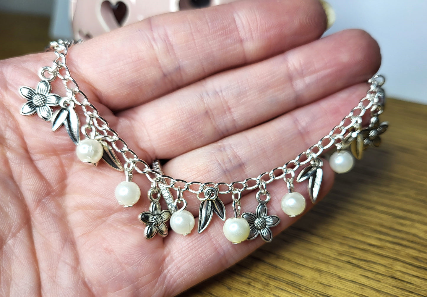 Floral Silver Tone Charm Bracelet with Faux Pearl Detail. One of a Kind. Flowers