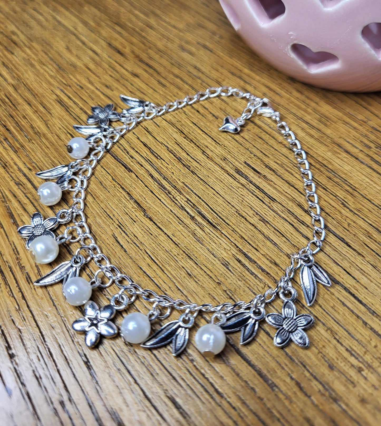 Floral Silver Tone Charm Bracelet with Faux Pearl Detail. One of a Kind. Flowers